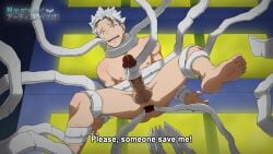 1boy barefoot erection gaping gaping_ass lifting male_focus male_only my_hero_academia natsuo_todoroki nude onoro_nyo penis restrained silver_hair solo spreading_ass tagme tears text todoroki_natsuo