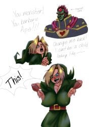 big_breasts elf funny ganondorf ganondorf_(ocarina_of_time) gerudo green_skin harmless humor ocarina_of_time rule_63 the_legend_of_zelda young_link younger_female