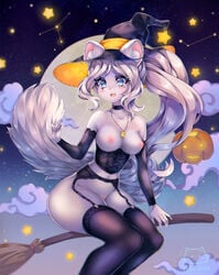 anthro blue_eyes broom broom_riding choker clothed clothing cloud constellations corset digital_media_(artwork) domestic_cat eyelashes felid feline felis female flying fur garter_belt_legwear garter_straps genitals hair halloween hat headgear headwear hi_res holidays jack-o'-lantern jewelry lingerie long_hair magic_user mammal moon navel necklace nipples no_underwear open_mouth outside pink_nipples pink_pussy pussy shaded sky solo star tekahika topwear white_body white_fur white_hair witch witch_hat