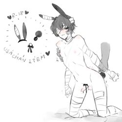 anon anonymous_character anonymous_male arm_grabbing arm_support bandage bandage_on_face bandage_over_one_eye bandaged_leg bandages bungo_stray_dogs bungou_stray_dogs bunny_boy bunny_ear bunny_ears bunny_tail buttplug chest_grab chest_grope dark_eyes dark_hair dazai_osamu feminine_male hand_on_chest light-skinned_male light_skin male male_focus male_only malesub osamu_dazai ribbon ribbon_around_penis ribbon_on_penis sex_toy shy thin twink unseen_male_face white_background white_body white_skin