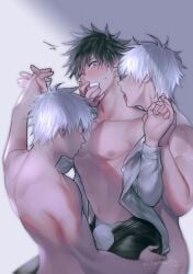 3boys black_pants blush bulge clenched_teeth fushiguro_megumi gojou_satoru grey_shirt group_sex highres holding_hands jujutsu_kaisen licking licking_another's_neck long_sleeves male_focus male_underwear mmm_threesome multiple_boys octoma one_eye_closed open_clothes open_pants open_shirt pants shirt teeth threesome underwear white_hair white_male_underwear yaoi