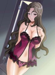 babydoll blush bra breasts brown_eyes brown_hair center_opening cleavage female jewelry large_breasts lingerie long_hair mature_female milf navel original panties ring see-through solo underwear wedding_band wedding_ring yukiyanagi