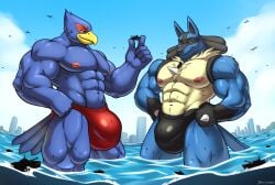 abs absurd_res aircraft airplane anthro avian beak blazekemono blue_body bulge canid canine city clothing detailed_bulge duo falco_lombardi fist generation_4_pokemon genital_outline green_eyes hi_res jet lucario macro male mammal muscular muscular_anthro muscular_male nintendo nipples non-mammal_nipples pecs pokemon pokemon_(species) red_eyes sea ship speedo spines star_fox swimwear tail vehicle water watercraft