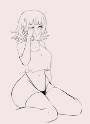 black_panties black_underwear breasts danganronpa danganronpa_2:_goodbye_despair female fraankyy high_resolution large_breasts messy_hair nanami_chiaki pantsu rubbing_eyes short_hair sitting sleepy straight_hair tank_top thick_thighs thighhighs thighs underwear waking_up