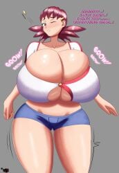 barely_contained breast_expansion breast_growth bursting_breasts button_down_shirt button_pop cleavage cleavage_overflow english_text female_only growth huge_breasts inconvenient_breasts large_breasts mewmaster93 outgrowing_clothes pokemon text thick_thighs twitter_link whitney_(pokemon)