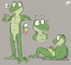 amphibian anthro balls barefoot blush casual_nudity feet flaccid foreskin frog genitals green_body humanoid_genitalia humanoid_hands humanoid_penis male male_only navel nude penis simple_background smile sodacaps solo