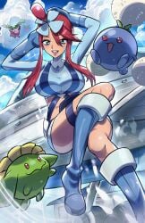 jumpluff large_breasts pokemon ryairyai skyla_(pokemon) thick_thighs