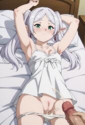 ai_generated bed bedroom cum cum_on_pussy elf elf_ears elf_female elf_girl faceless_male fossillight frieren jerkingoff large_ears large_legs long_hair on_bed pajama_shirt petite petite_body petite_female pov sleeping sousou_no_frieren surprised_expression tiny_breasts voyeur white_hair