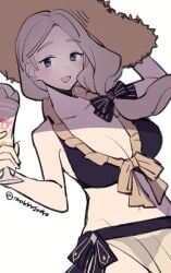 1girls alternate_costume bikini black_bikini black_bow black_swimsuit blonde_hair bow breasts cleavage cup do_m_kaeru female female female_only fire_emblem fire_emblem:_three_houses fire_emblem_heroes hairbow holding holding_cup large_breasts long_hair looking_at_viewer mercedes_von_martritz mercedes_von_martritz_(summer) navel nintendo official_alternate_costume open_mouth purple_eyes side_ponytail simple_background smile solo stomach swimsuit twitter_username white_background