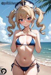 ai_generated bangs barbara_(genshin_impact) bare_arms bare_shoulders beach bikini blonde_hair blue_bikini blue_eyes blue_sky blush breasts closed_mouth cloud collarbone cowboy_shot day drill_hair female genshin_impact hair_ornament halterneck hands_on_own_chest hands_up hat long_hair looking_at_viewer medium_breasts multi-strapped_bikini navel o-ring ocean outdoors pikkiwynn side-tie_bikini_bottom sidelocks skindentation sky solo stomach string_bikini sweatdrop swimsuit thigh_gap thighs twin_drills twintails water white_headwear