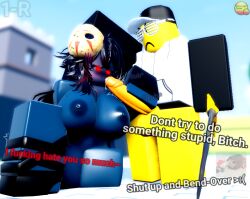 1boy 1girls 3d areolae balls blue_skin bottomless_male breasts circularx2 combat_initiation english_text forced handjob jason_(combat_initiation) nipples penis roblox roblox_game robloxian rule_63 self_upload sword tagme text yellow_skin