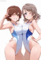 ai_generated ass blue_eyes breasts brown_hair competition_swimsuit honda_mio idolmaster large_breasts legs love_live! love_live!_sunshine!! multiple_girls one-piece_swimsuit short_hair swimsuit the_idolm@ster thighs watanabe_you yellow_eyes