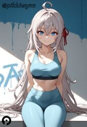 ahoge ai_generated alisa_mikhailovna_kujou arms_behind_back bangs bare_arms bare_shoulders blue_eyes blue_pants breasts cleavage closed_mouth collarbone crossed_bangs female gym_uniform hair_between_eyes hair_ribbon long_hair looking_at_viewer medium_breasts midriff navel pants pikkiwynn red_ribbon ribbon sitting sleeveless smile solo sports_bra stomach tokidoki_bosotto_russian_de_dereru_tonari_no_alya-san very_long_hair white_hair yoga_pants