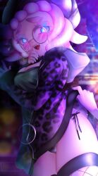 1girls annie_(splatoon) black_panties blue_eyes blush breasts cleavage clothes_lift fishnets glasses hat lifted_by_another looking_at_viewer mugyiiiii_ika open_mouth panties pink_hair round_glasses saliva short_hair side-tie_panties splatoon splatoon_(series) splatoon_3 tongue underwear