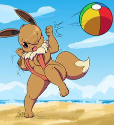 2019 anthro areola areola_slip ball bangs beach beach_ball big_breasts bikini breasts clothing cloud digital_media_(artwork) eevee eve_(joaoppereiraus) female hi_res joaoppereiraus nintendo nipples one_eye_obstructed open_mouth outside pokémon_(species) pokemon pokemon_only seaside sky sling_bikini sling_bikini_aside solo swimwear video_games wardrobe_malfunction