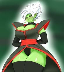 1girls breasts colorization dragon_ball dragon_ball_super embo female female_zamasu green_skin high_resolution huge_breasts large_breasts leotard looking_at_viewer rule_63 seductive_smile shounen_jump smile solo super_saiyan super_saiyan_rose thick_thighs thong thong_leotard white_hair zamasu