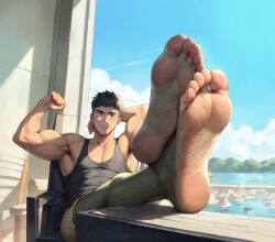 1boy ai_generated anime_nose blue_eyes clothed feet feet_focus foot_fetish gay_male grey_hair human male male_feet male_foot_fetish male_only muscles muscular_male no_visible_genitalia pecs soles solo