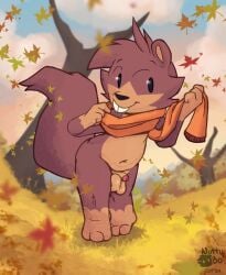 autumn balls bo_(nutty_bo) brown_body buckteeth censored convenient_censorship fur genitals hair hi_res leaf looking_at_viewer male mammal nude nutty_bo outside penis plant public rodent scarf sciurid sky small_penis smile tail teeth tree tree_squirrel