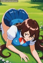 ai_generated aindroidparanoid all_fours ass big_breasts breasts brown_eyes brown_hair busty curvy giselle_(pokemon) grass hips long_hair outdoors panties park pokegirl pokemon school_uniform schoolgirl shirt shoes skirt stable_diffusion wavy_hair wide_hips yuutou_seiyo