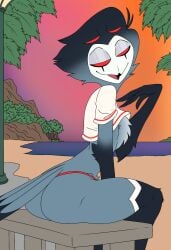 anthro ass avian beach big_ass big_butt bird clothing crop_top demon femboy foot_ninja15 girly helluva_boss hi_res looking_at_viewer male owl owl_demon red_eyes round_ass round_butt seaside shirt solo stolas_(helluva_boss) swimsuit tagme tail thong topwear