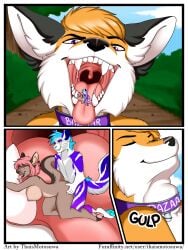 2019 3:4 absurd_res anthro bodily_fluids breasts bulge canid canine comic comic_panel doggy_style extreme_size_difference felid feline female fox from_behind_position group hi_res macro male male/female mammal micro mouth_shot open_mouth saliva sex size_difference teeth text thaismotosuwa trio url vore