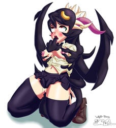 female filia_(skullgirls) grope grope_from_behind hi_res humanoid pseudo_hair restrained_arms samson_(skullgirls) skullgirls solo teasing tentacle tentacle_hair tentacle_sex video_games wight-troox