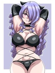 1girls alternate_costume alternate_version_available armpits arms_behind_head bare_thighs bikini black_swimsuit breasts camilla_(fire_emblem) choker cleavage elbow_gloves female female_only fire_emblem fire_emblem_fates gloves hair_over_one_eye horns inabakun00 large_breasts long_hair looking_at_viewer nintendo pink_eyes pose purple_hair skindentation smile solo swimsuit thighs very_long_hair wavy_hair