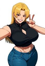 absurd_res ai_generated big_grin digital_media_(artwork) double_v female_only hi_res jujutsu_kaisen official_style peace_sign posing_for_picture solo tagme taking_picture teeth yuki_tsukumo