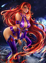 1girls alien alien_girl boots breasts cleavage dc dc_comics female female_only green_eyes hi_res lips long_hair orange_skin red_hair reivash solo space starfire superheroine teen_titans thigh_boots thighhighs