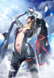 1girls 3d bayonetta bayonetta_(character) black_bodysuit black_hair bodysuit closed_eyes curvaceous curvy female female_only hair_covering_breasts hair_covering_one_eye hair_over_breasts long_hair malkavian-soul medium_breasts open_bodysuit open_clothes platinum_games revealing_clothes sega solo solo_female