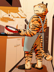 2020 anthro apron ass balls blush clothing cooking detailed_background felid genitals hi_res humanoid_hands inside kemono kitchen kotori male male_only mammal pantherine solo tiger