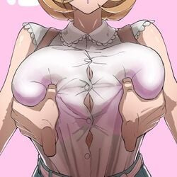 :o big_breasts blonde_hair breast_squeeze cleavage huge_breasts medium_hair narusawa_ryouka occultic;nine squeeze squeezing squeezing_breast