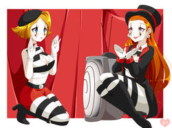 absurdres blonde_hair boots breasts cleavage clover_(totally_spies) earrings female_only femdom femsub happy_trance hat high_heels jewelry large_breasts long_hair makeup makoinaow mime mind_control orange_hair sam_(totally_spies) sam_simpson short_hair spiral spiral_eyes striped_legwear striped_stockings symbol_in_eyes thigh_boots totally_spies