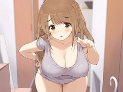 bare_thighs breasts busty curvaceous curvy curvy_figure cute huge_breasts kaisen_chuui large_breasts looking_at_viewer no_pants original panties pointing pointing_at_viewer t-shirt thick_thighs voluptuous wide_hips