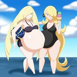 2girls aether_foundation big_breasts blonde blonde_female blonde_hair breasts cleavage cynthia_(pokemon) female female_only huge_belly hyper_belly hyper_pregnancy large_breasts lusamine_(pokemon) multiple_pregnancies pokemon pokemon_champion pokemon_dppt pokemon_sm pregnant ready_to_pop samina_(pokémon) spooky-gh0st