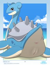 2020 absurd_res beach blue_body digital_media_(artwork) female feral fin genitals hi_res horn lapras lapras_paradise looking_at_viewer nintendo outside page_24 pokémon_(species) pokemon presenting presenting_pussy pussy sand sea seaside shell solo video_games water winick-lim