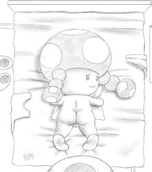 1girls 2017 ass back bed black_eyes bubble_butt eyes female from_above fungi_fauna fungi_humanoid hips humanoid looking_back lying_down mario_(series) monochrome mushroom_humanoid nintendo on_bed on_stomach presenting presenting_hindquarters pussy shadowlink350 smile tagme thighs toadette