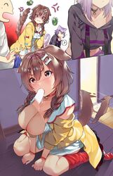 ._. 2girls ? absurdres anger_vein animal_ears big_breasts blush breasts brown_eyes brown_hair cat_ears cat_tail catgirl cleavage commentary_request dog_ears dog_girl dog_tail fellatio hair_ornament hazel_eyes heart-shaped_pupils highres hololive hololive_gamers hololive_japan inugami_korone kemonomimi kneeling koubou_(cowbow_kun) large_breasts listener_(inugami_korone) multiple_girls nekomata_okayu purple_eyes purple_hair tail tail_wagging tailwag virtual_youtuber