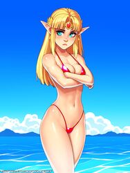 1girls a_link_between_worlds angry arms_crossed artist_name beach big_breasts bikini blonde_hair blue_eyes blush blushing breasts detailed_background female female_focus female_only fit fit_female headwear large_breasts long_hair navel nintendo ocean pointy_ears princess_zelda red_bikini ronindude sea shiny shiny_hair shiny_skin sky the_legend_of_zelda twitter twitter_username zelda_(a_link_between_worlds)