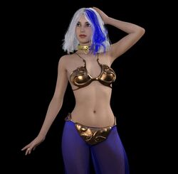 1girls 3d belly belly_dancer belly_dancer_outfit blue_hair dancer dancer_outfit dazinbane female harem_girl harem_outfit harem_pants jess_(star_wars) multicolored_hair navel slave slave_bikini slave_collar slave_outfit small_breasts star_wars white_hair