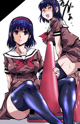 ass bangs black_legwear blue_hair blush bow breasts brown_eyes brown_shirt brown_skirt censored commentary_request cone cone_insertion double-breasted drooling female holding kamisimo_90 looking_at_viewer masturbation medium_breasts medium_hair multiple_views no_panties nose_blush original pleated_skirt red_bow red_neckwear sailor_collar saliva school_uniform screaming shirt simple_background skirt thighs traffic_cone underwear white_sailor_collar