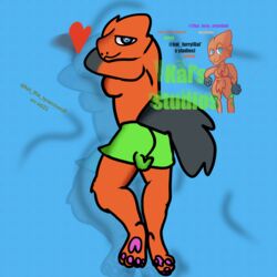 anthro ass bottomwear breasts bulge clothing dakimakura_style genitals herm hi_res humanoid intersex kais_studios lying on_front pawpads paws pussy shorts solo