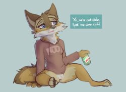 2020 ? anthro blue_eyes bottomless brown_body brown_fur canid canine canis casual_nudity clothed clothing coyote dialogue english_text female fur furry furry_only genitals hi_res holding_can hoodie mammal moses_(samur_shalem) mtf_crossgender partially_clothed pussy rule_63 signature simple_background sitting solo spread_legs spreading tail text topwear white_body white_fur zhan zhanbow