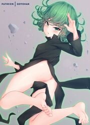 1girls ass censored donedone feet female female_only green_hair no_panties one-punch_man small_breasts soles solo tatsumaki toes