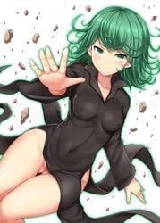 1girls akino_hamo blush breasts dress erect_nipples erect_nipples_under_clothes female female_only green_eyes green_hair one-punch_man pokies pussy see-through see-through_dress solo tatsumaki