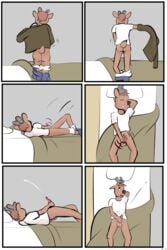 2:3 animal_genitalia animal_penis bed bedroom cervid cervine cervine_genitalia cervine_penis clothing comic ejaculating_cum english_text furniture genitals hi_res justin_(study_partners) male mammal masturbation penis red_deer solo study_partners text thunderouserections undressing young