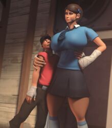 1boy 1boy1girl 1girls 3d big_breasts breasts brown_hair clothed clothes clothing curvy femscout femscout_(alt_design) hand_on_hip hat huge_breasts huge_thighs human hyper indoors inside large_breasts larger_female looking_at_another miniribbons rule_63 scout sfm shirt skirt smile smug source_filmmaker standing team_fortress_2 thick_thighs thighs valve voluptuous wide_hips