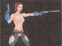 1girls background belt black_background bo-katan_kryze breasts clone_wars female female_only fight gun holding_gun holding_object holding_weapon light-skinned_female light_skin mandalorian nipples pants ranged_weapon science_fiction shooting simple_background small_breasts solo space standing star_wars the_mandalorian topless topless_female vambraces weapon