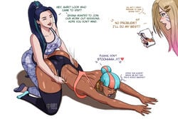 3girls ahri ass ass_up big_ass blue_hair dark_skin female female_only iury_padilha k/da_all_out_ahri k/da_all_out_kai'sa k/da_all_out_series kai'sa league_of_legends qiyana_yunalai sports_bra suggestive tagme thick_thighs thighhighs true_damage_qiyana true_damage_series yuri