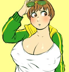 1girls alternate_breast_size bbw bob_cut chubby cleavage female huge_breasts notsafeforfruit persona persona_4 satonaka_chie short_hair solo tomboy venus_body